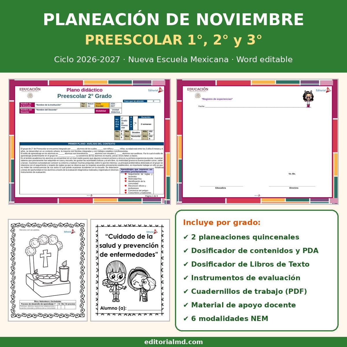 Planeación de Noviembre para Preescolar 2026-2027 NEM (1°, 2° y 3°) 1 Portada de la planeación de noviembre para preescolar 2026-2027 NEM para 1°, 2° y 3° grado en Word editable