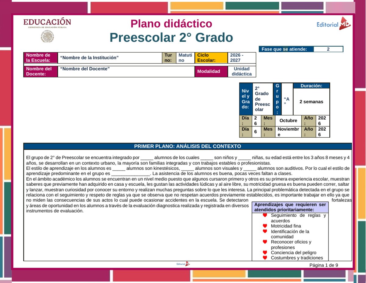 Planeación de Noviembre para Preescolar 2026-2027 NEM (1°, 2° y 3°) 8 Plano didáctico y análisis del contexto de la planeación de noviembre para 2° de preescolar NEM