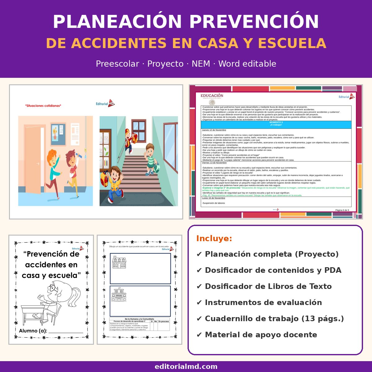 Planeación Prevención de Accidentes en Casa y Escuela para Preescolar 1 Portada de la planeación prevención de accidentes preescolar NEM, Proyecto, Word editable