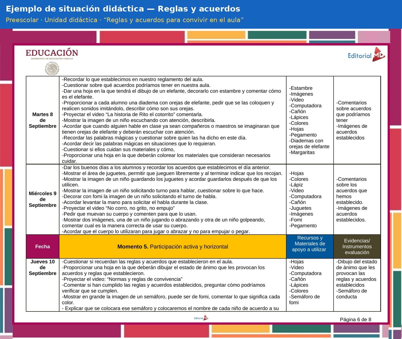 Planeación Reglas y Acuerdos de Convivencia en el Aula para Preescolar 12 Ejemplo de situación didáctica de la planeación Reglas y acuerdos para convivir en el aula para preescolar, modalidad Unidad didáctica, NEM