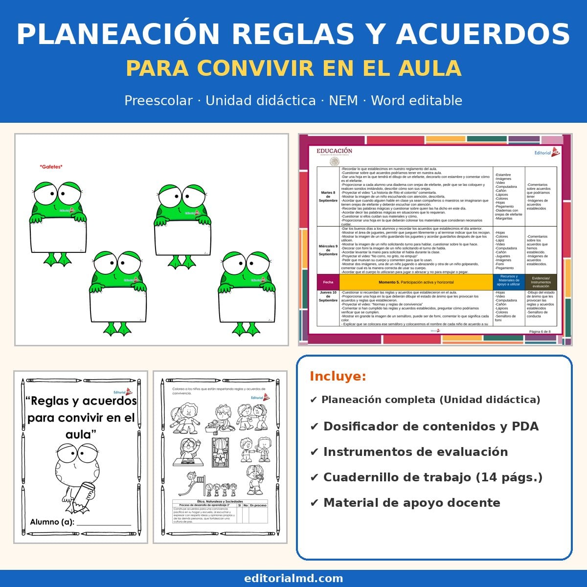 Planeación Reglas y Acuerdos de Convivencia en el Aula para Preescolar 1 Portada de la planeación de reglas para preescolar NEM, Unidad didáctica, Word editable