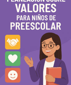 Una mujer sonriente con gafas sostiene un libro y gesticula, junto a íconos de presionados de manos, corazón y carita feliz. El texto dice: "Planificación sobre Valores para Niños de Preescolar para Imprimir. www.editorialmd.com.