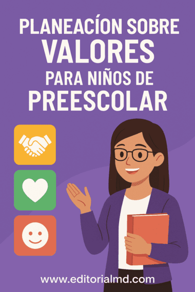 Una mujer sonriente con gafas sostiene un libro y gesticula, junto a íconos de presionados de manos, corazón y carita feliz. El texto dice: "Planificación sobre Valores para Niños de Preescolar para Imprimir. www.editorialmd.com.