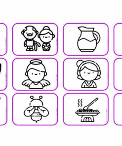 Una cuadrícula de doce dibujos lineales en un estilo sencillo sobre fondos blancos con contornos rosados. Las imágenes presentan varios personajes y objetos, entre ellos un niño, una pareja de ancianos, un cántaro, una persona con corazón, alas, un ángel, una persona, un arco iris, un insecto, una comida con gorros de chef con la etiqueta 