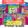 Imagen que muestra cinco libros educativos para "Primer Grado" con portadas coloridas. El cartel de arriba dice "PLANEACIÓN PRIMER GRADO DE LA NEM OCTUBRE (4 SEMANAS)" y en la parte inferior se muestra un texto brillante "2023". Los temas incluyen idiomas, proyectos escolares y proyectos comunitarios para OCTUBRE.