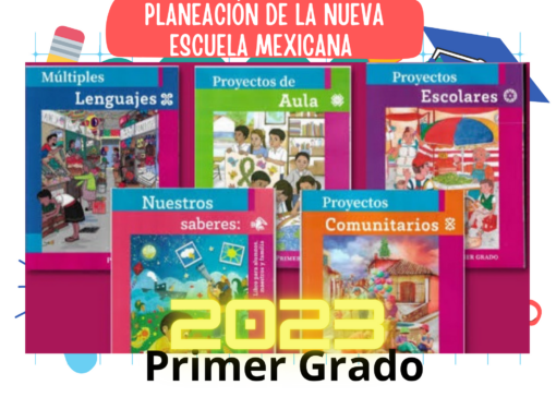 Imagen que muestra cinco libros educativos para "Primer Grado" con portadas coloridas. El cartel de arriba dice "PLANEACIÓN PRIMER GRADO DE LA NEM OCTUBRE (4 SEMANAS)" y en la parte inferior se muestra un texto brillante "2023". Los temas incluyen idiomas, proyectos escolares y proyectos comunitarios para OCTUBRE.