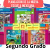 Cartel colorido que muestra varios libros educativos para segundo grado, incluidos títulos como "Múltiples Lenguajes", "Proyectos de Aula", "Proyectos Escolares", "Nuestros Valores" y "Proyectos Comunitarios", con un cartel que dice "PLANEACION SEGUNDO GRADO DE LA NEM OCTUBRE (4 SEMANAS).