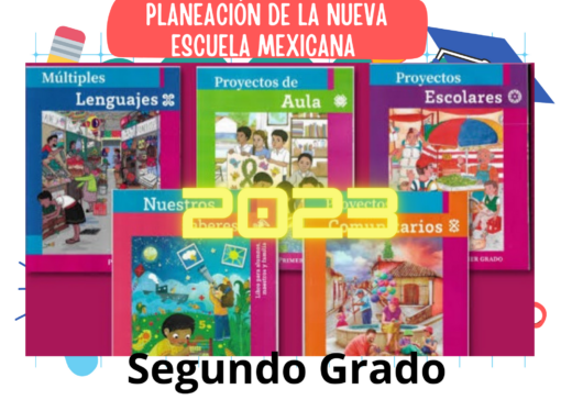 Cartel colorido que muestra varios libros educativos para segundo grado, incluidos títulos como "Múltiples Lenguajes", "Proyectos de Aula", "Proyectos Escolares", "Nuestros Valores" y "Proyectos Comunitarios", con un cartel que dice "PLANEACION SEGUNDO GRADO DE LA NEM OCTUBRE (4 SEMANAS).