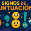 Colorida ilustración con alegres signos de puntuación a modo de caras, que incluyen una coma, un punto, un signo de exclamación y un signo de interrogación sobre fondo oscuro. El texto superior reza "SIGNOS DE PUNTUACIÓN" y aparece una etiqueta "NUEVO".
