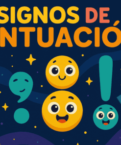 Colorida ilustración con alegres signos de puntuación a modo de caras, que incluyen una coma, un punto, un signo de exclamación y un signo de interrogación sobre fondo oscuro. El texto superior reza "SIGNOS DE PUNTUACIÓN" y aparece una etiqueta "NUEVO".