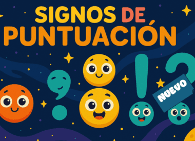 Colorida ilustración con alegres signos de puntuación a modo de caras, que incluyen una coma, un punto, un signo de exclamación y un signo de interrogación sobre fondo oscuro. El texto superior reza "SIGNOS DE PUNTUACIÓN" y aparece una etiqueta "NUEVO".