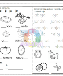 Un cuaderno lecto de escritura en español para niños que incluye imágenes y sílabas para emparejar con palabras. Contiene ilustraciones de un jarro, caballo, cubo, entre otros, con espacios para completar las sílabas falt.