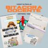 Imagen promocional de una oferta de "Bitácora Docente", mostrando páginas de muestra como registro de material, organizadores gráficos y hojas de acuerdos, con coloridas ilustraciones de dibujos animados y texto bilingüe.