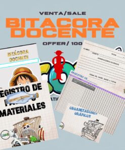 Imagen promocional de una oferta de "Bitácora Docente", mostrando páginas de muestra como registro de material, organizadores gráficos y hojas de acuerdos, con coloridas ilustraciones de dibujos animados y texto bilingüe.