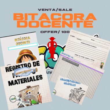 Imagen promocional de una oferta de "Bitácora Docente", mostrando páginas de muestra como registro de material, organizadores gráficos y hojas de acuerdos, con coloridas ilustraciones de dibujos animados y texto bilingüe.