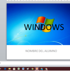 Una presentación de PowerPoint está abierta en la pantalla de una computadora. La diapositiva mostrada presenta un fondo azul con el logotipo de Windows y la palabra "EVALUACION DE WINDOWS" en texto negro grande. Hay un marcador de posición para el nombre del estudiante llamado "NOMBRE DEL ALUMNO". Una diapositiva de Evaluación y otras diapositivas son visibles en la barra lateral izquierda.