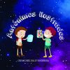 Dos niños animados en el espacio, uno sosteniendo un frasco de luces de colores y el otro sosteniendo una bebida azul, con el texto "Antónimos ilustrados" encima y "creaciones daleth herrera" debajo.