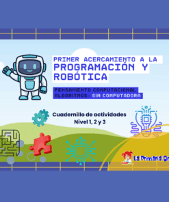 Imagen de portada de un folleto educativo titulado "Primer acercamiento a la programación y robótica" con un simpático robot, iconos educativos y gráficos de colores sobre un fondo cuadriculado. Texto: "La Primaria Online".