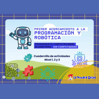 Imagen de portada de un folleto educativo titulado "Primer acercamiento a la programación y robótica" con un simpático robot, iconos educativos y gráficos de colores sobre un fondo cuadriculado. Texto: "La Primaria Online".