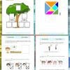 Evaluación Final Primer Grado Primaria 5 Un collage de cuatro diagramas educativos que incluyen un árbol genealógico, un rectángulo segmentado de colores con la etiqueta “recuadrable” y dos conjuntos de instrucciones ilustradas o actividades para niños que involucran formas geométricas y rostros, diseñados para la Evaluación Final Primer Grado Primaria.