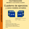 Un cartel titulado "factorización y productos notables" que presenta dos cubos en 3D que ilustran las fórmulas matemáticas (x+5)³ y (x+4)³ con sus respectivas expansiones y una lista de palabras clave relacionadas con el aprendizaje de las matemáticas.