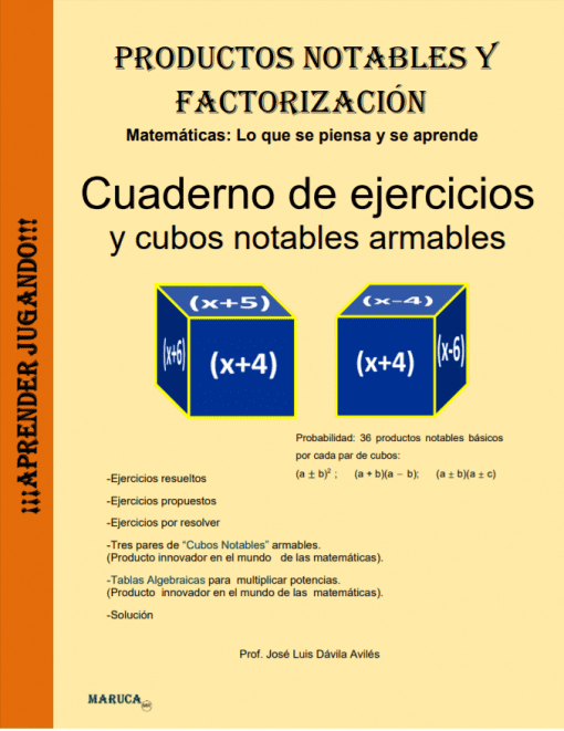 Un cartel titulado "factorización y productos notables" que presenta dos cubos en 3D que ilustran las fórmulas matemáticas (x+5)³ y (x+4)³ con sus respectivas expansiones y una lista de palabras clave relacionadas con el aprendizaje de las matemáticas.