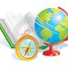 Ilustración de un globo terráqueo, un libro abierto y una brújula, que simboliza la educación y la navegación global en "Paquete Planeaciones de Geografía Secundaria (1er Trimestre).