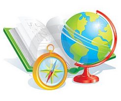 Ilustración de un globo terráqueo, un libro abierto y una brújula, que simboliza la educación y la navegación global en "Paquete Planeaciones de Geografía Secundaria (1er Trimestre).