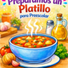 Colorida portada de "Planeación Preparamos un Platillo para Preescolar", con un plato de sopa de verduras, ideal para la planeación preescolar. Incluye espacio para el nombre del alumno y el logotipo de la editorial sobre un fondo de mesa de madera.