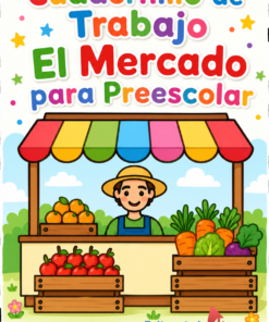 Cuadernillo de Trabajo El Mercado para Preescolar: La colorida portada muestra a un sonriente vendedor en un puesto del mercado de frutas y verduras con espacio debajo para el nombre del alumno.