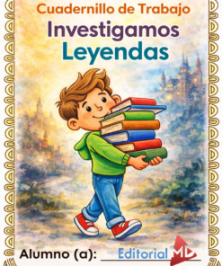 La portada ilustrada de "Cuadernillo de Trabajo Investigamos Leyendas Para Preescolar" muestra a un niño sonriente con una pila de libros sobre un fondo colorido, con el logotipo de la Editorial MD en la parte inferior.