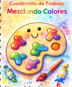 Colorida paleta de artista con manchas de pintura, tubos y pincel. Texto: "Cuadernillo de Trabajo Mezclando Colores", con espacio para el nombre del alumno en este cuaderno educativo.