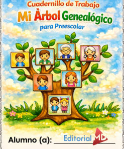 El "Cuadernillo de Trabajo Mi Árbol Genealógico para Preescolar" presenta una vibrante portada exterior con un árbol genealógico de dibujos animados, vivos retratos en sus ramas y espacio debajo para el nombre del alumno.