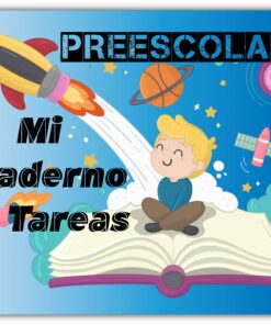 Portada colorida de un cuaderno de tareas para niños con la etiqueta "Mi Cuaderno de Tareas Preescolar 2º Grado" que presenta un dibujo de un niño sentado sobre un libro abierto con un cohete, una pelota de baloncesto y un satélite de fondo.
