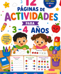 Portada de un colorido libro de actividades para niños de 3-4 años, con ilustraciones de un niño y una niña dibujando, gráficos lúdicos de bloques y frutas, y texto que destaca los beneficios educativos y las divertidas actividades de aprendizaje.