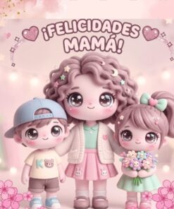 Simpática ilustración de una madre sonriente con el pelo rizado entre un niño con gorro azul y una niña con un ramo en la mano. En la parte superior aparecen flores decorativas y el texto 