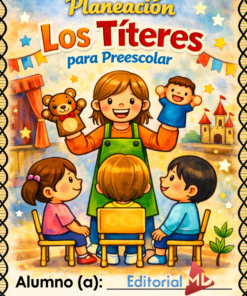 La portada de "Planeación Los Títeres para Preescolar" muestra a una maestra utilizando marionetas de mano de animales con tres niños de preescolar sentados a su alrededor, sobre un fondo con estrellas y adornos de colores.