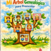 Portada del cuaderno "Planeación Mi Árbol Genealógico para Preescolar", que muestra un árbol con retratos de familia de dibujos animados en sus ramas, situado en una luminosa escena al aire libre con hierba y flores.