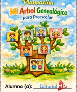 Portada del cuaderno "Planeación Mi Árbol Genealógico para Preescolar", que muestra un árbol con retratos de familia de dibujos animados en sus ramas, situado en una luminosa escena al aire libre con hierba y flores.