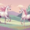 Dos unicornios blancos con crines rosas y cuernos dorados están de pie sobre una colina cubierta de hierba bajo un cielo pastel, con un castillo verde de fondo en lo alto de otra colina.