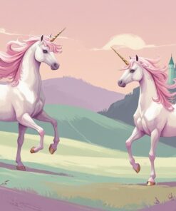 Dos unicornios blancos con crines rosas y cuernos dorados están de pie sobre una colina cubierta de hierba bajo un cielo pastel, con un castillo verde de fondo en lo alto de otra colina.