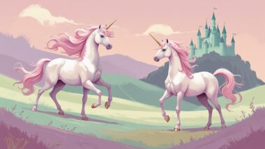 Dos unicornios blancos con crines rosas y cuernos dorados están de pie sobre una colina cubierta de hierba bajo un cielo pastel, con un castillo verde de fondo en lo alto de otra colina.
