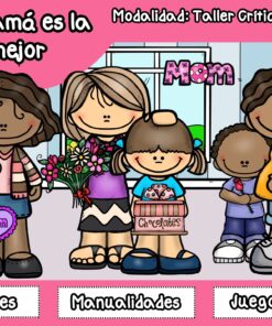 Cinco niños de dibujos animados están juntos, sosteniendo regalos como flores, bombones y un corazón de "Mamá". El fondo muestra decoración festiva y una pancarta en la que se lee "Mamá". El texto destaca las manualidades y los juegos de un taller de 90 dólares.