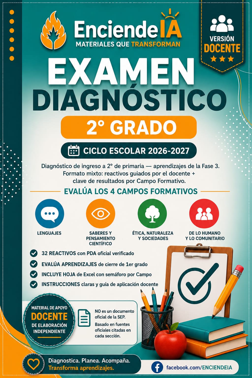 Examen Diagnóstico 2.º Grado 2026-2027 | 32 Reactivos + Excel Calificador Automático + Perfil del Alumno 1 Examen Diagnóstico 2.º Grado 2026-2027 | 32 Reactivos + Excel Calificador Automático + Perfil del Alumno