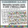 El Abecedario Posters y Mantelito Español (Completo) presenta ilustraciones vibrantes en blanco y negro donde cada letra está emparejada con un elemento correspondiente, como una manzana para la 