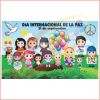 Diseño Para Lona Del Día Internacional De La Paz 100 X 60 Cms celebrando el Día Internacional de la Paz, presentando niños de dibujos animados diversos sosteniendo símbolos de paz y una paloma, con globos y una pancarta "21 de septiembre".