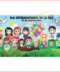 Diseño Para Lona Del Día Internacional De La Paz 100 X 60 Cms celebrando el Día Internacional de la Paz, presentando niños de dibujos animados diversos sosteniendo símbolos de paz y una paloma, con globos y una pancarta "21 de septiembre".