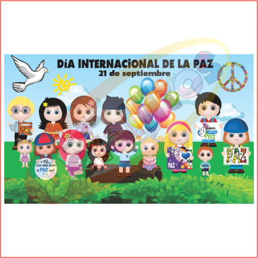 Diseño Para Lona Del Día Internacional De La Paz 100 X 60 Cms celebrando el Día Internacional de la Paz, presentando niños de dibujos animados diversos sosteniendo símbolos de paz y una paloma, con globos y una pancarta "21 de septiembre".