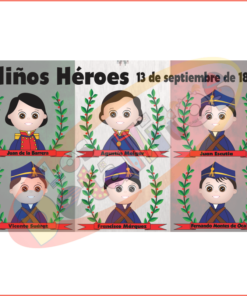 Diseño para lona Niños Héroes de seis personajes animados representando a los Niños Héroes, etiquetados con sus nombres, sobre un fondo de la bandera mexicana, conmemorando el 13 de septiembre de 1847.