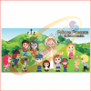 DISEÑO PARA LONA PASCUAS DE RESURRECCIÓN (2 X 1 METRO) con ilustración de diversas caricaturas niños participando en una búsqueda de huevos de Pascua en un parque verde, con el texto "Felices Pascuas de Resurrección" y una iglesia al fondo.